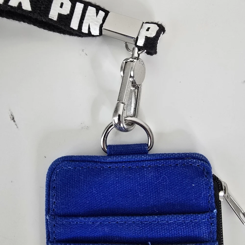 New Victoria's Secret PINK Y2K Lanyard ID Holder/ Mini Wallet Blue White Logo
